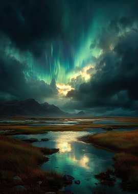 Aurora Borealis Over Icelandic Landscape