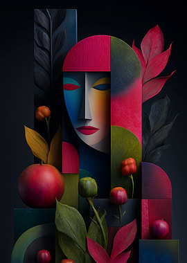 Abstract Face with Fruits and Leaves