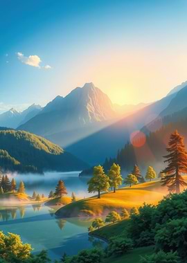 Sunrise over misty mountains and lake