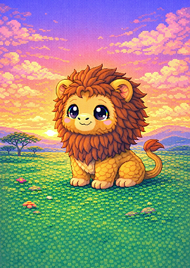 Cute Lion in African Sunset