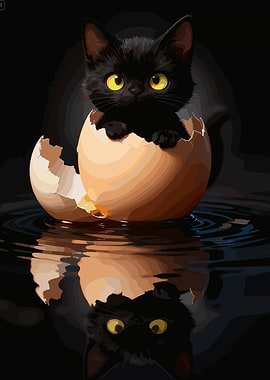Black kitten hatching from an egg