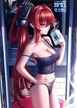 Anime Girl with Red Hair Holding a Mug