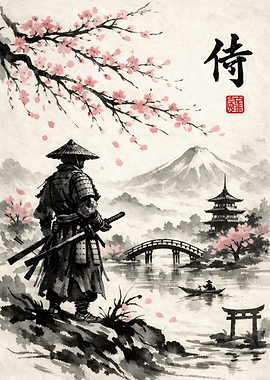 Samurai by Cherry Blossoms