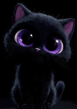 Cute Black Kitten with Big Purple Eyes