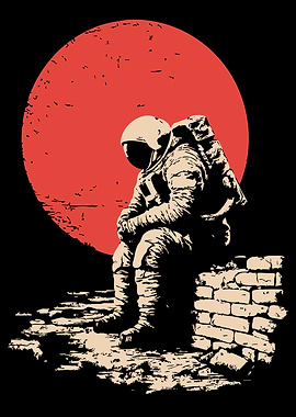 Astronaut Sitting by Red Moon