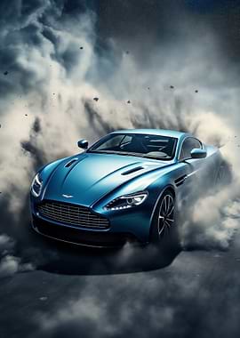 Blue Aston Martin in Smoke