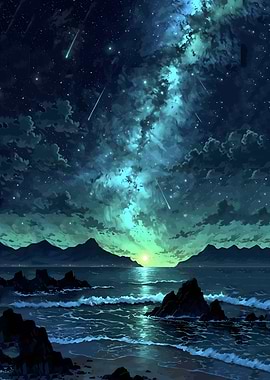 Starry Night Sky Over Ocean