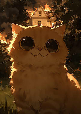 Cat in front of burning house