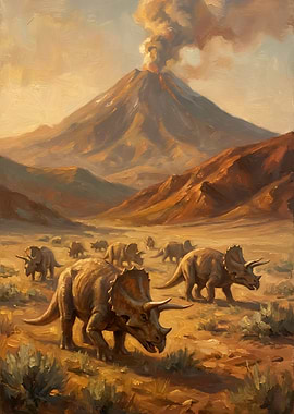 Triceratops herd near erupting volcano