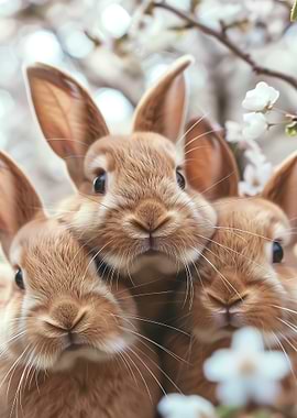 Three Cute Bunnies in Flowers