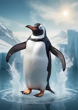 Penguin splashing in icy water
