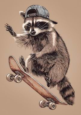Skateboarding Raccoon with Baseball Cap