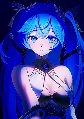 Anime Girl with Blue Hair and Moon Symbol