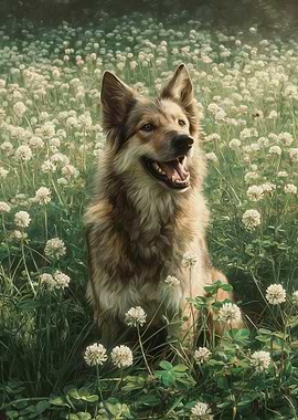 Dog in a Field of White Flowers