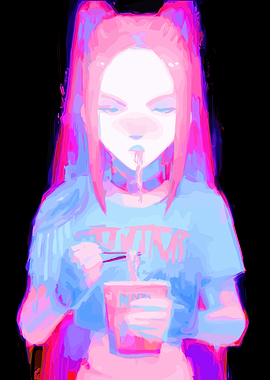 Girl eating ramen with pink and blue glow