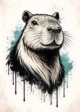 Capybara Portrait with Splatter Art