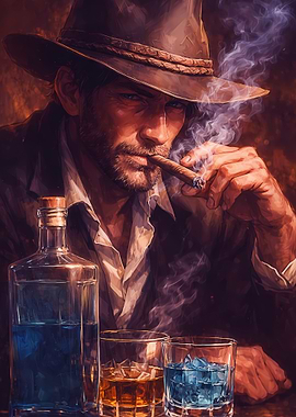 Man in Hat Smoking Cigar with Drinks