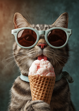 Cat Wearing Sunglasses Eating Ice Cream