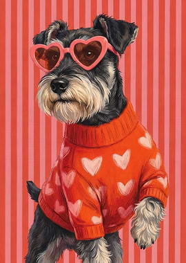 Schnauzer Dog Wearing Heart Sunglasses and Sweater