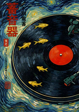 Van Gogh Style Vinyl Record with Goldfish