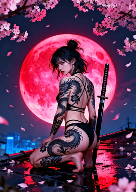 Tattooed Warrior Under a Red Moon