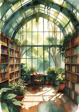 Greenhouse Library with Books and Plants
