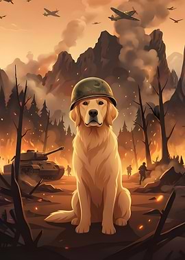 Golden Retriever in Military Helmet Amidst War Scene