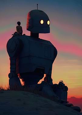 Giant Robot and Boy at Sunset