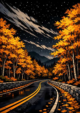 Autumn Road Under Starry Night Sky