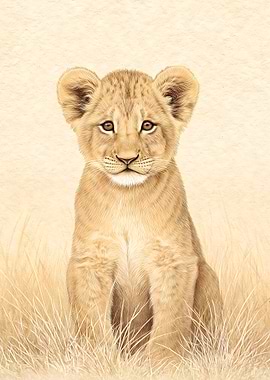 Cute Lion Cub in Tall Grass