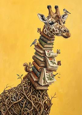 Giraffe made of books and branches
