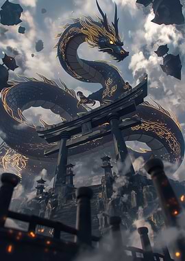 Majestic anime Dragon Over Torii Gate