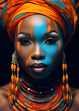 Woman with African-inspired face paint and jewelry