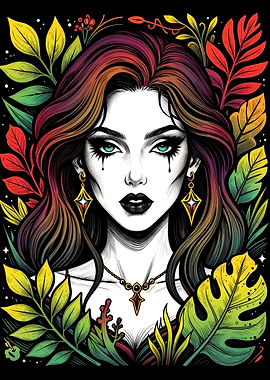 Goth Girl with Colorful Hair and Leaves