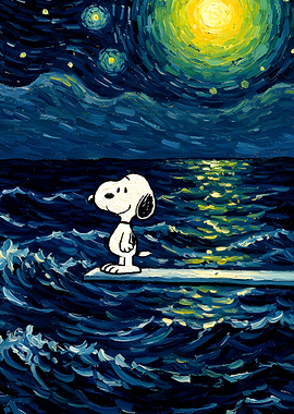 Snoopy on a diving board under starry sky
