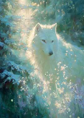 White Wolf in Sunlit Forest