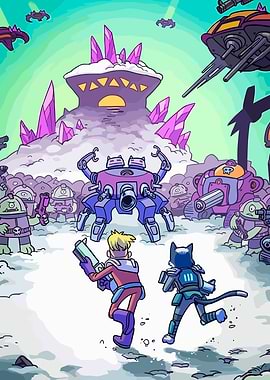 Sci-fi battle scene with robots and aliens