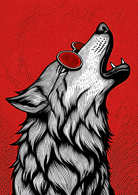 Wolf Howling with Red Sunglasses