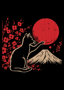 Black Cat Mount Fuji Poster, Japanese Style Cat Wall Art, Red Sun Sakura Print