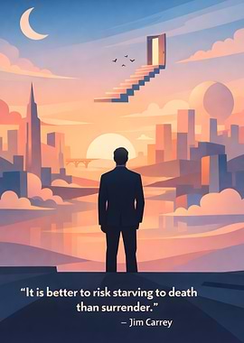 Man facing a surreal cityscape and a door in the sky