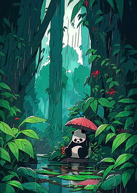 Panda Under Umbrella in Rainy Forest