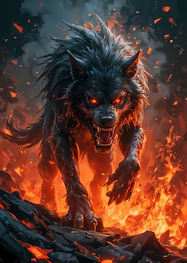 Fierce Wolf in Fiery Landscape