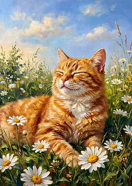 Orange Cat in a Field Flower