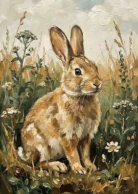 Painting of a rabbit in tall grass