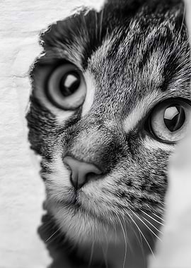 Close-up of a cat's face peeking through a hole
