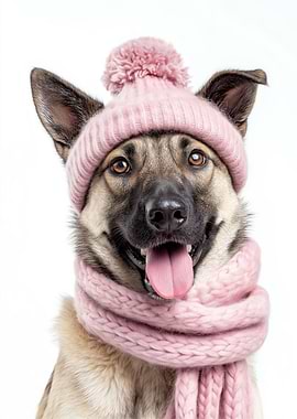 Cozy Norwegian Elkhound Dog Wearing Pink Winter Hat and Scarf