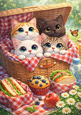 Cute Kittens in a Picnic Basket