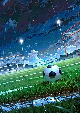 Soccer Field at Dusk with Rain