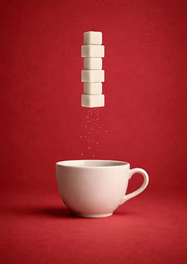 Sugar cubes falling into a cup