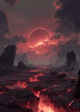 Volcanic Landscape with Red Moon